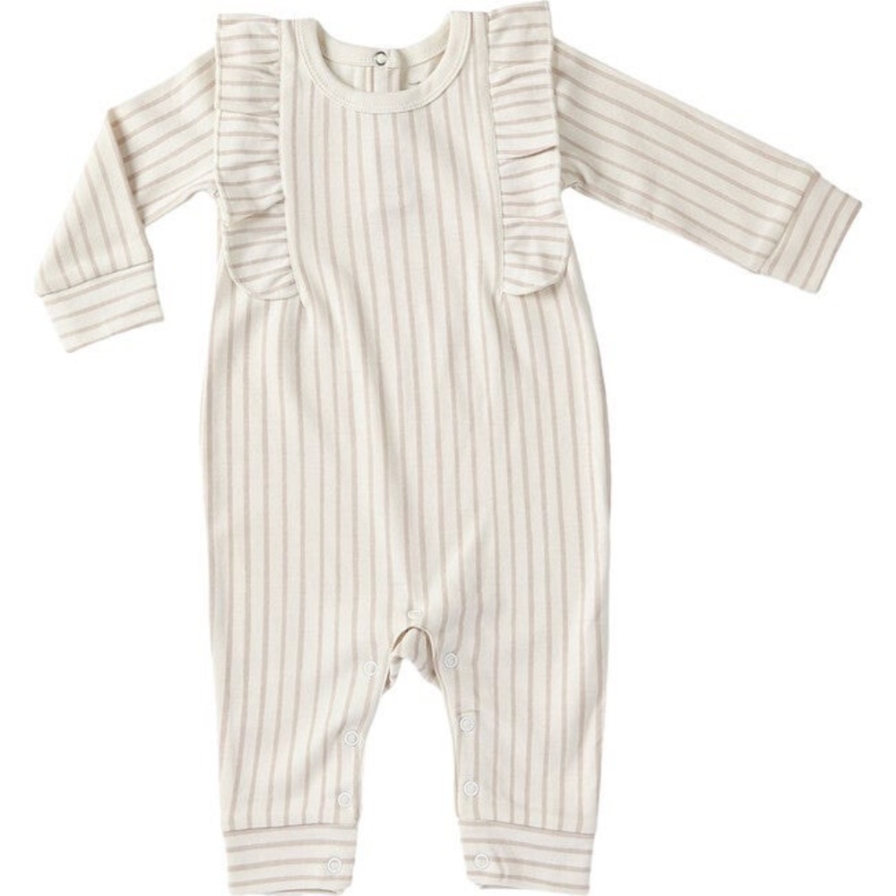 Pehr ruffle romper stripes away grey sz 6-12 months